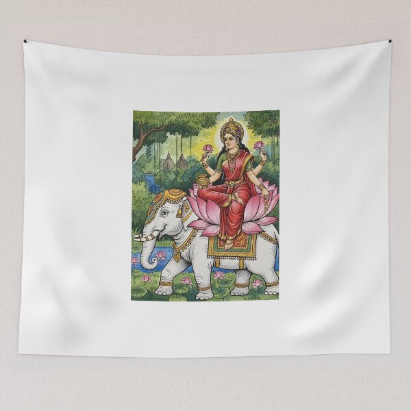 Item preview, Diwali Asht Gaja Laxmi – Goddess Lakshmi on Lotus and Elephant Watercolor Painting | Hindu Prosperity & Wealth Poster for Diwali, Home Temple & Living Room Decor designed and sold by IndoPatterns.