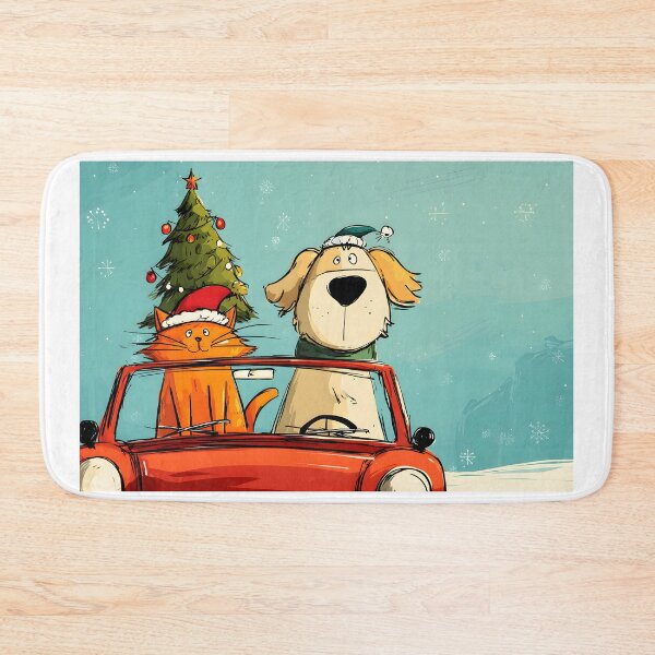 Item preview, Santa Paws Road Trip- Cartoon Dog and Cat in Red Car with Christmas Tree designed and sold by OlfactoART Studio.