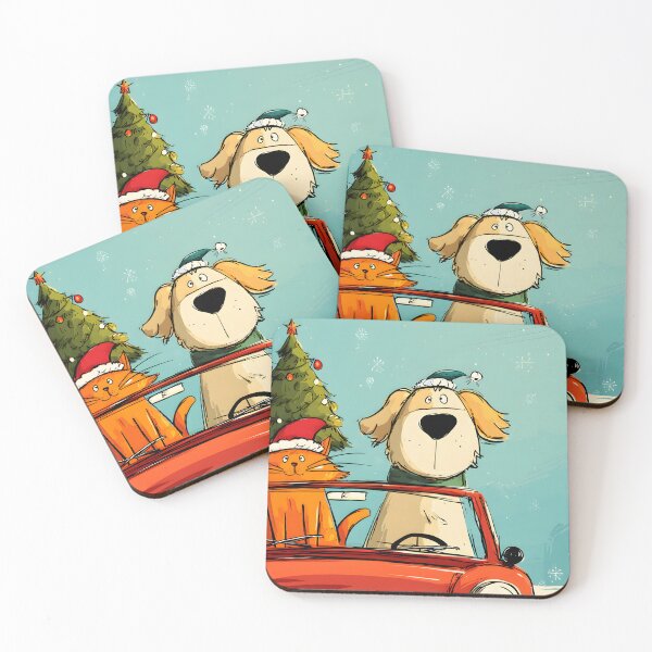 Item preview, Santa Paws Road Trip- Cartoon Dog and Cat in Red Car with Christmas Tree designed and sold by OlfactoART Studio.