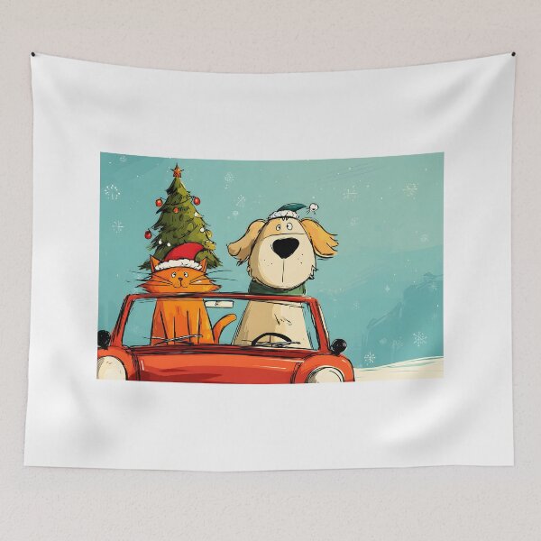 Item preview, Santa Paws Road Trip- Cartoon Dog and Cat in Red Car with Christmas Tree designed and sold by OlfactoART Studio.