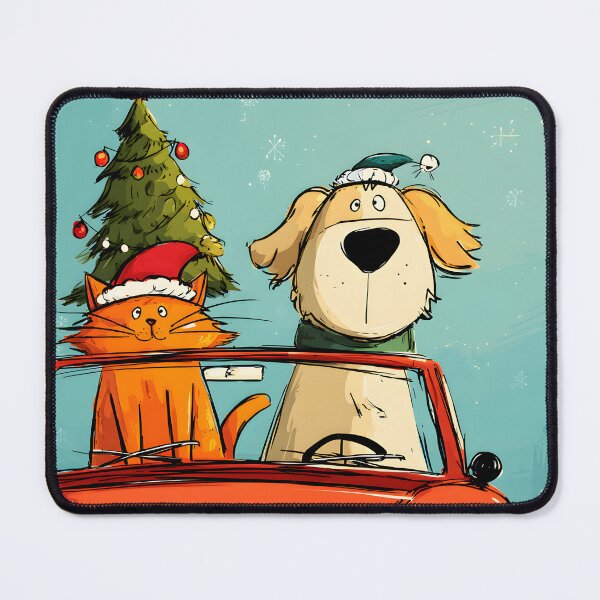 Item preview, Santa Paws Road Trip- Cartoon Dog and Cat in Red Car with Christmas Tree designed and sold by OlfactoART Studio.