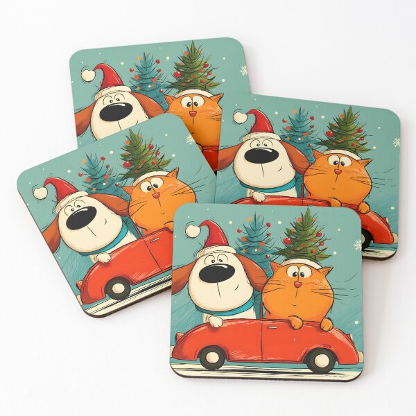 Item preview, Paws on Parade- Cartoon Dog and Cat Driving Red Car Through Snowy Christmas designed and sold by OlfactoART Studio.