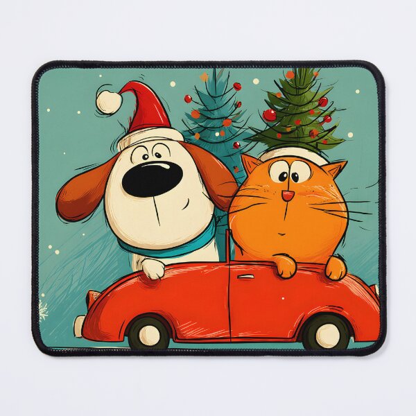 Item preview, Paws on Parade- Cartoon Dog and Cat Driving Red Car Through Snowy Christmas designed and sold by OlfactoART Studio.