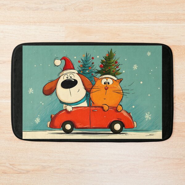 Item preview, Paws on Parade- Cartoon Dog and Cat Driving Red Car Through Snowy Christmas designed and sold by OlfactoART Studio.