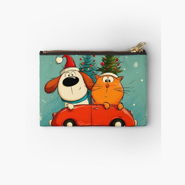 Item preview, Paws on Parade- Cartoon Dog and Cat Driving Red Car Through Snowy Christmas designed and sold by OlfactoART Studio.