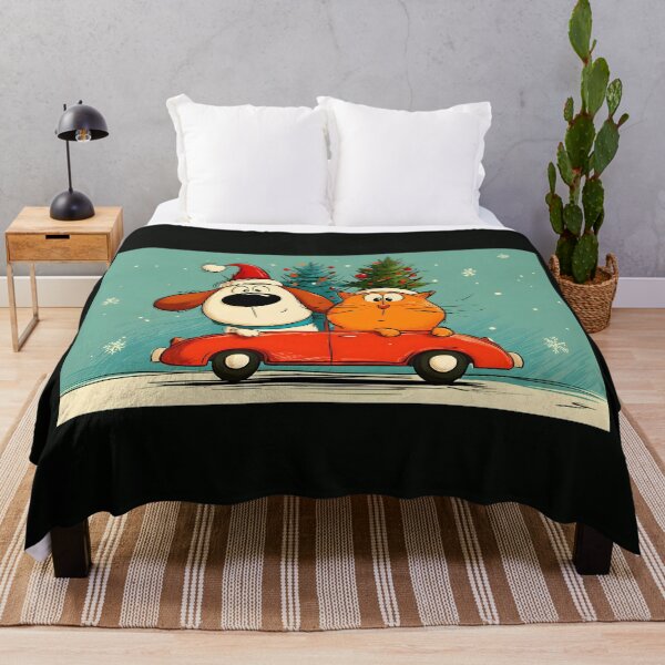 Item preview, Paws on Parade- Cartoon Dog and Cat Driving Red Car Through Snowy Christmas designed and sold by OlfactoART Studio.