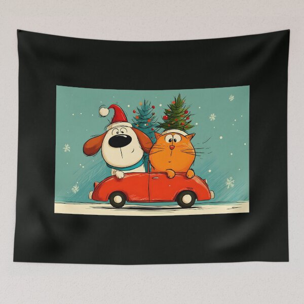 Item preview, Paws on Parade- Cartoon Dog and Cat Driving Red Car Through Snowy Christmas designed and sold by OlfactoART Studio.