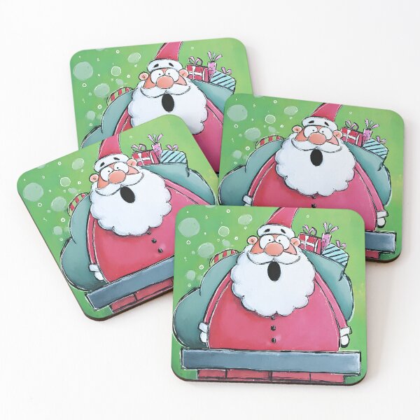 Item preview, Ho Ho Ho Santa Claus Stuck in Chimney with Colorful Christmas Presents on Vibrant Green Background designed and sold by OlfactoART Studio.