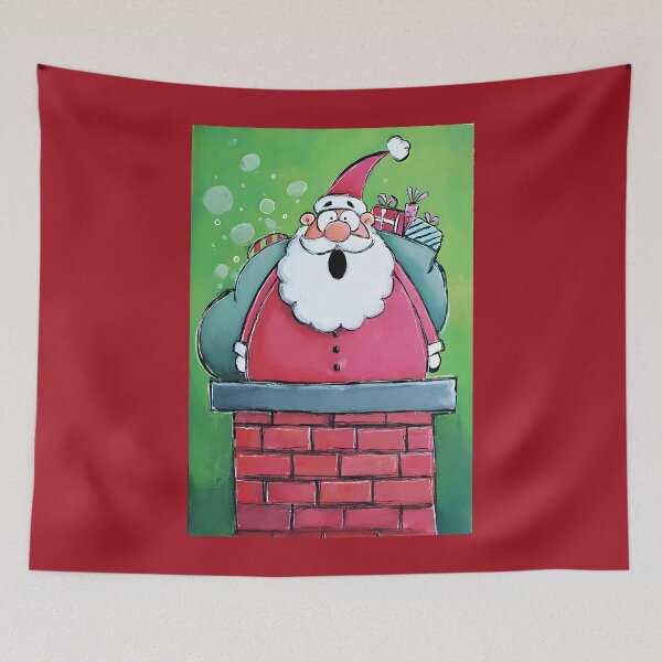Item preview, Ho Ho Ho Santa Claus Stuck in Chimney with Colorful Christmas Presents on Vibrant Green Background designed and sold by OlfactoART Studio.