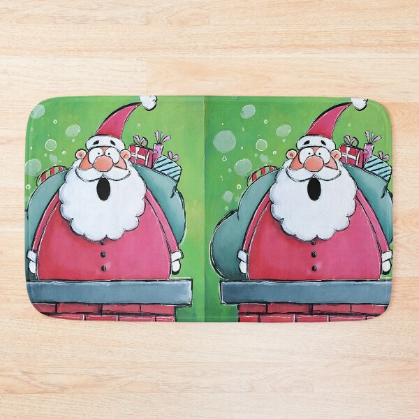 Item preview, Ho Ho Ho Santa Claus Stuck in Chimney with Colorful Christmas Presents on Vibrant Green Background designed and sold by OlfactoART Studio.