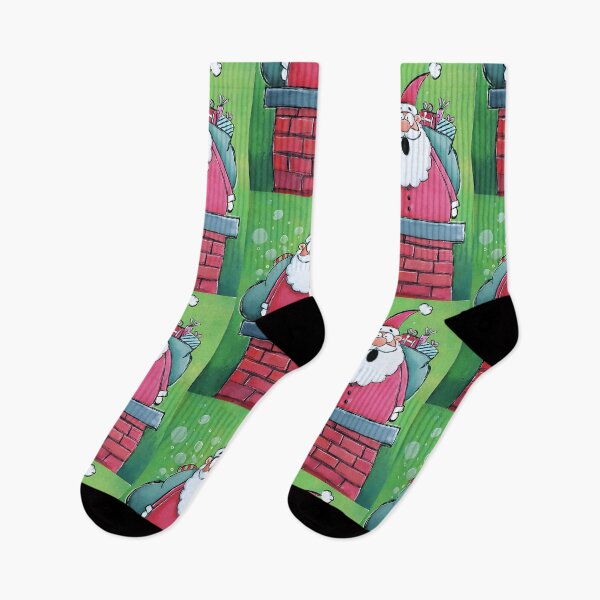 Item preview, Ho Ho Ho Santa Claus Stuck in Chimney with Colorful Christmas Presents on Vibrant Green Background designed and sold by OlfactoART Studio.