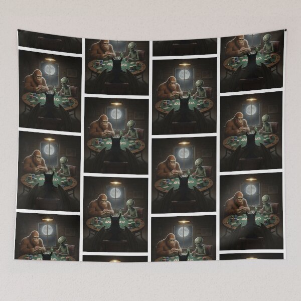 Item preview, Bigfoot Alien Mothman Playing Poker spooky Halloween Poker Night designed and sold by LuxeGraphix.