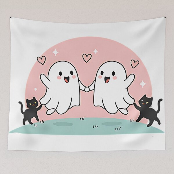 Item preview, Cute ghost couple with cat halloween kawaii art designed and sold by ArtDesignTp.