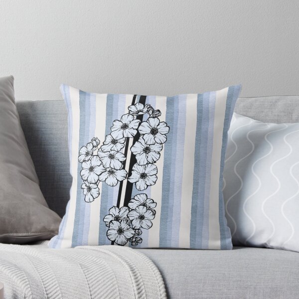 Forget-Me-Nots Botanical Illustration on Watercolor Stripes Throw Pillow