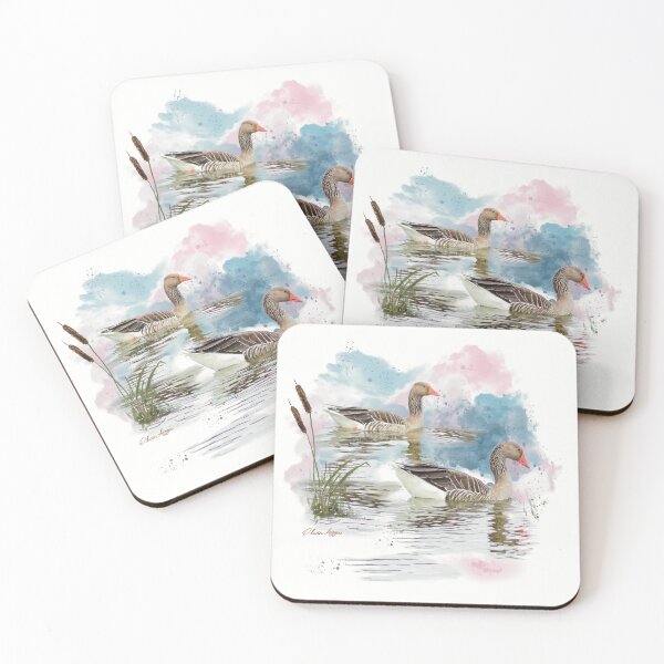 Item preview, “The Glistening Geese” Greylag geese swimming amongst the reeds designed and sold by Printfantasia .