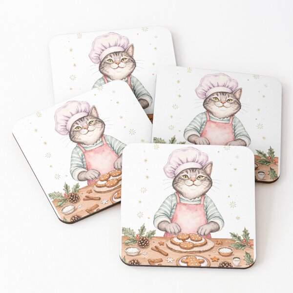 Item preview, Cat chef decorating gingerbread cookies at a cozy holiday kitchen designed and sold by SpaceartLilu.