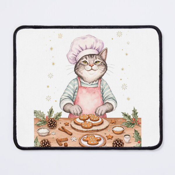 Item preview, Cat chef decorating gingerbread cookies at a cozy holiday kitchen designed and sold by SpaceartLilu.
