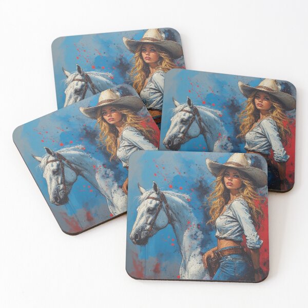Item preview, Vaquera y caballo blanco: Arte de mujer del oeste con toques rojos y azules de NegarTv Designs designed and sold by NegarTv Designs.