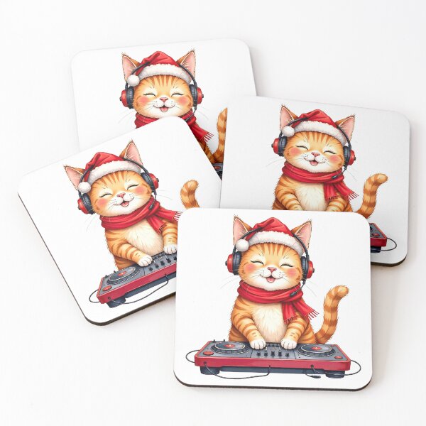 Item preview, Cute cat wearing headphones and a Santa hat happily DJing during a festive season celebration at home designed and sold by SpaceartLilu.