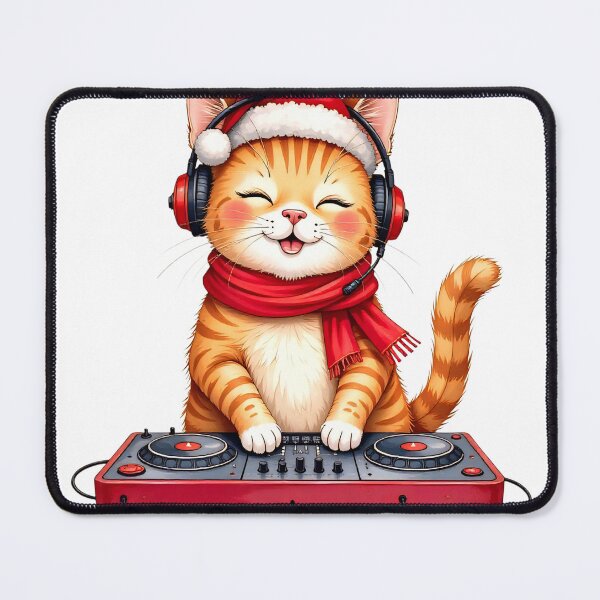 Item preview, Cute cat wearing headphones and a Santa hat happily DJing during a festive season celebration at home designed and sold by SpaceartLilu.