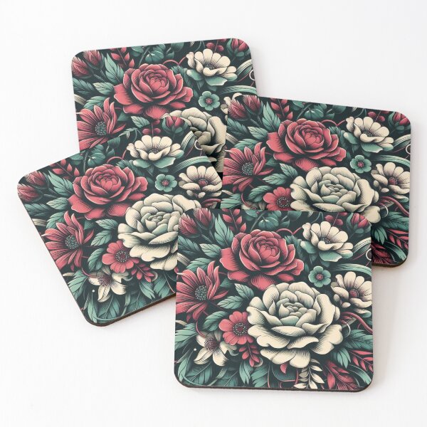 Artikelvorschau, Komplizierte Blumenstrauß rote und weiße Rosen botanische Illustration auf dunklem Hintergrund entworfen und verkauft von AnTartstudios.