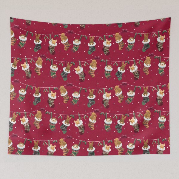 Item preview, Cute Woodland Forest Animals in Christmas Stockings on Dark Red designed and sold by piptompatternco.