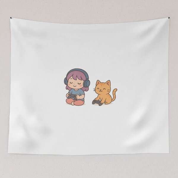 Item preview, Kawaii Gamer Girl and Her Cat Playing Together | Cute Chibi Gaming Illustration designed and sold by FriendlyKitty.