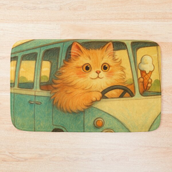 Item preview, Fluffy Orange Cat Driving Retro Van designed and sold by SassyArtistry.