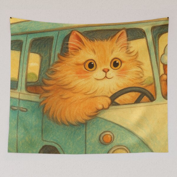 Item preview, Fluffy Orange Cat Driving Retro Van designed and sold by SassyArtistry.