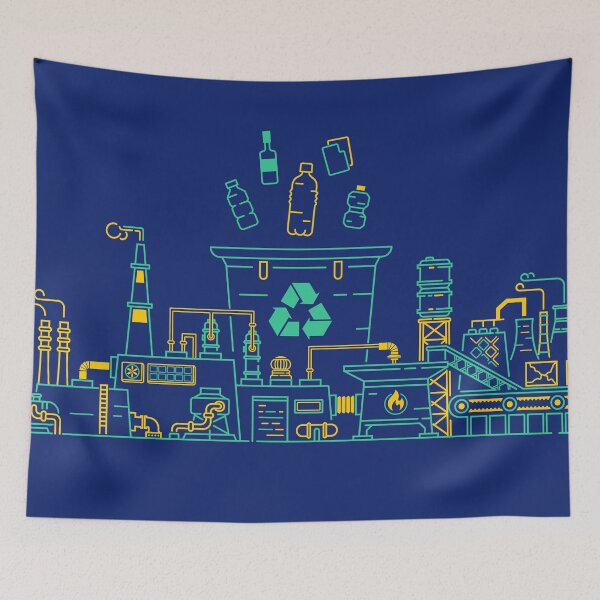 Item preview, concept of zero waste or sustainable business, lined graphic of plastic bottles and garbage bin combined with recycle factory designed and sold by NiamLab.