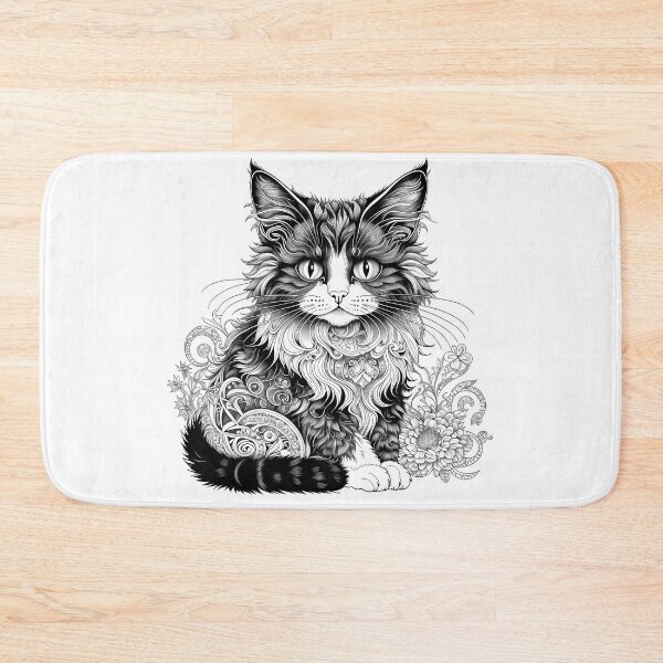 Item preview, Intricate Black & White Long-Haired Cat with Floral Tattoo Art Style designed and sold by LanaGustavsson.