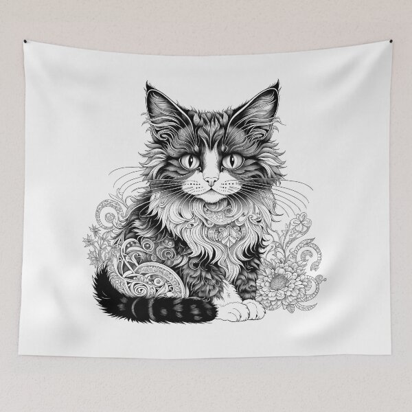 Item preview, Intricate Black & White Long-Haired Cat with Floral Tattoo Art Style designed and sold by LanaGustavsson.