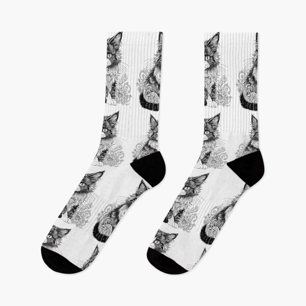 Item preview, Intricate Black & White Long-Haired Cat with Floral Tattoo Art Style designed and sold by LanaGustavsson.