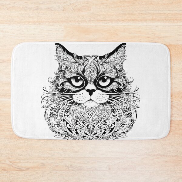 Item preview, Intricate Black & White Long-Haired Cat with Floral Tattoo Art Style designed and sold by LanaGustavsson.