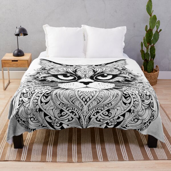 Item preview, Intricate Black & White Long-Haired Cat with Floral Tattoo Art Style designed and sold by LanaGustavsson.