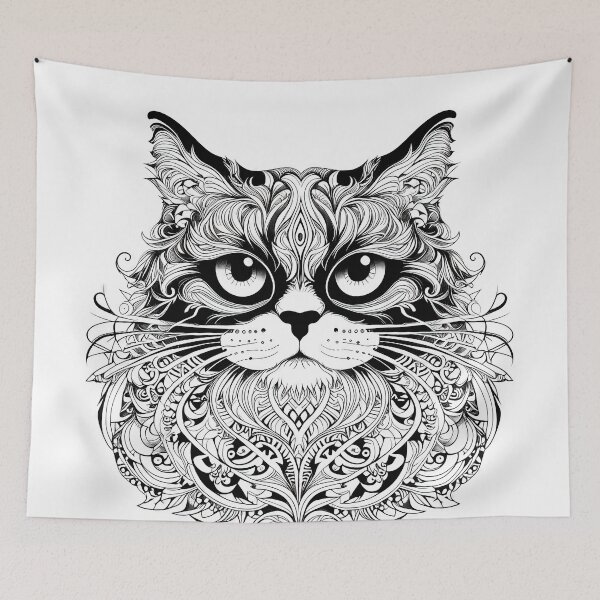 Item preview, Intricate Black & White Long-Haired Cat with Floral Tattoo Art Style designed and sold by LanaGustavsson.
