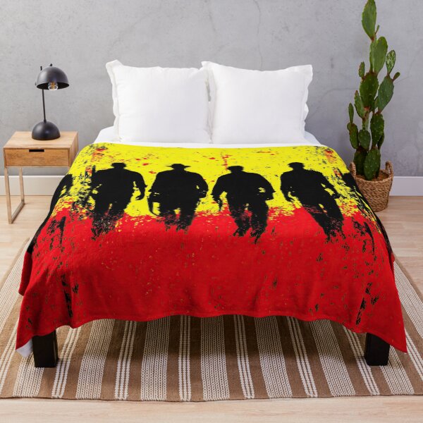 Item preview, Four gunslinger silhouettes walk through a bloody, destroyed wasteland. designed and sold by Piotrek0001.