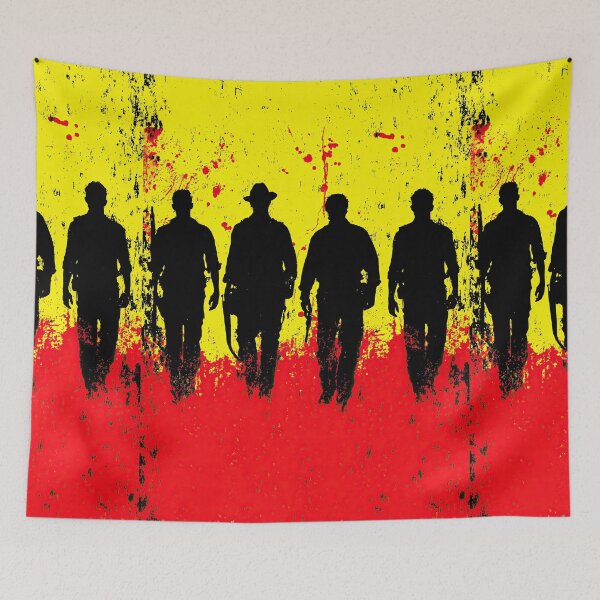 Item preview, Four gunslinger silhouettes walk through a bloody, destroyed wasteland. designed and sold by Piotrek0001.