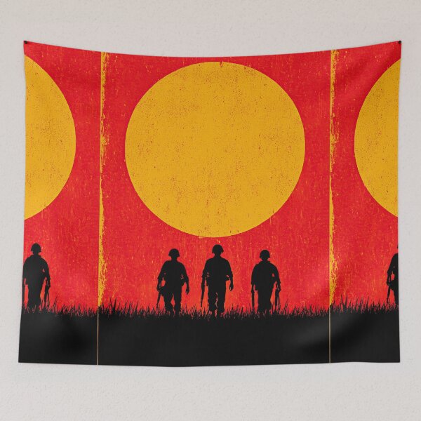Item preview, Three soldier silhouettes against a big setting red sun. designed and sold by Piotrek0001.