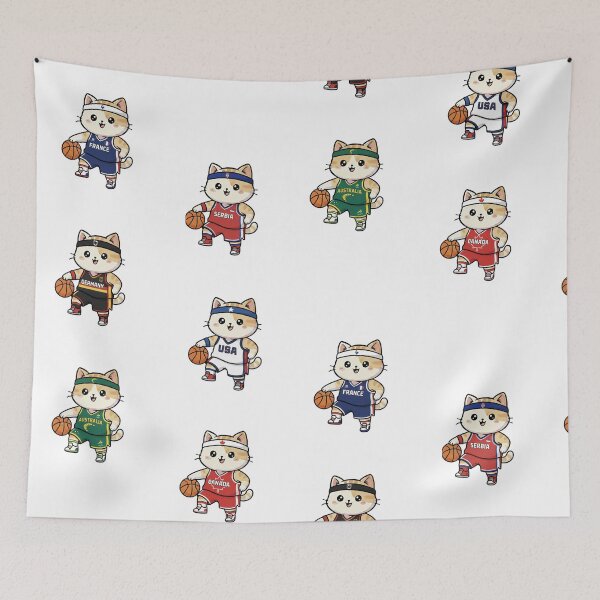 Item preview, Kawaii Basket: Pack of 6 Basketball Kittens from National Teams | Cute Basketball Cat Design for Basketball Fans and Lovers designed and sold by DibuHumor.