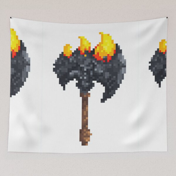 Item preview, A burning stone battle axe in a pixel art style. designed and sold by Piotrek0001.
