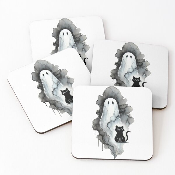 Item preview, Cute Ghost and Black Cat Watercolor Halloween Art designed and sold by asudesign.