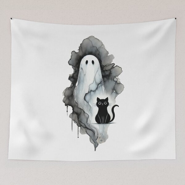 Item preview, Cute Ghost and Black Cat Watercolor Halloween Art designed and sold by asudesign.