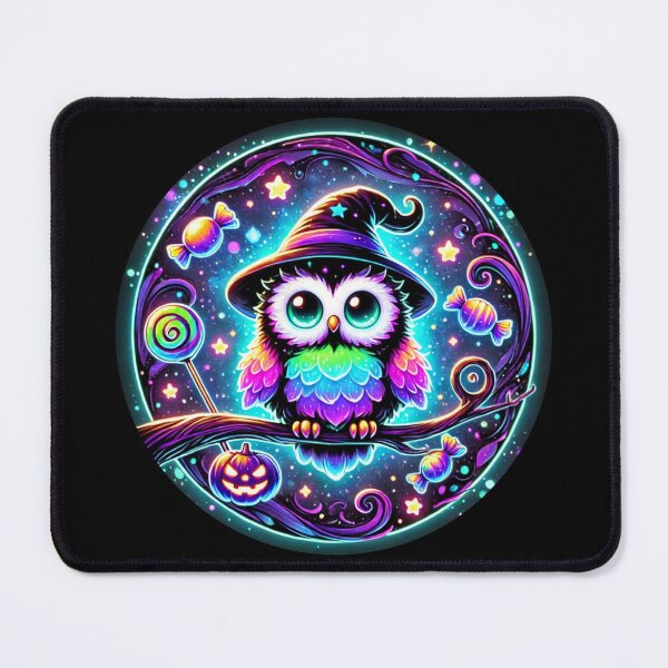 Item preview, Neon Owl Witch Halloween Art – Cute Rainbow Glow Owl with Candy and Pumpkin designed and sold by asudesign.