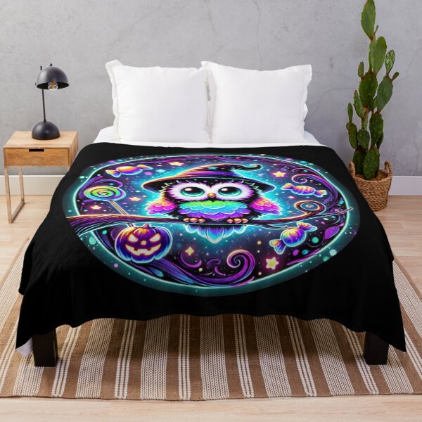Item preview, Neon Owl Witch Halloween Art – Cute Rainbow Glow Owl with Candy and Pumpkin designed and sold by asudesign.