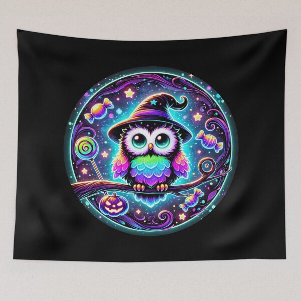 Item preview, Neon Owl Witch Halloween Art – Cute Rainbow Glow Owl with Candy and Pumpkin designed and sold by asudesign.