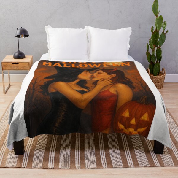 Item preview, Romantic Halloween Lesbian Kiss – Witch and Devil Under Moonlight designed and sold by Places On Earth.