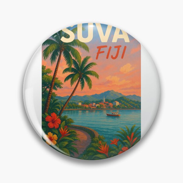 Item preview,  Suva Fiji Waterfront with Palm Trees and Boat at Sunset designed and sold by Aryabek.