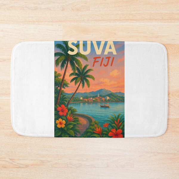 Item preview,  Suva Fiji Waterfront with Palm Trees and Boat at Sunset designed and sold by Aryabek.