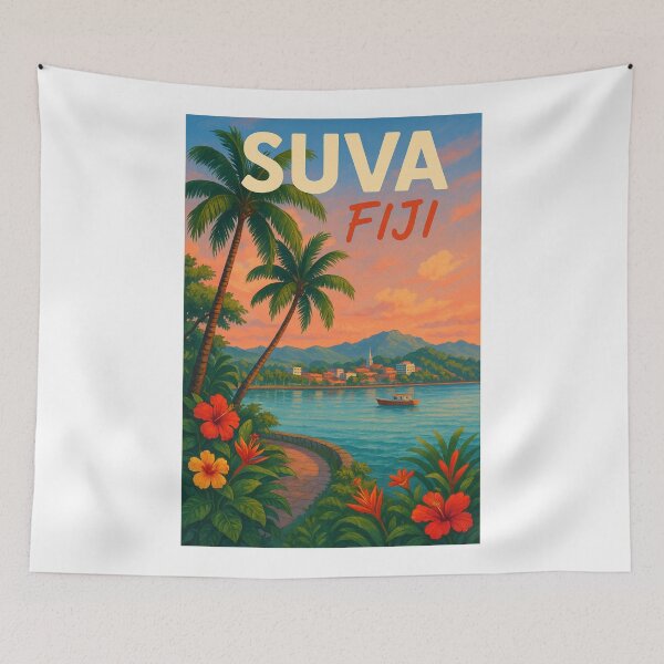 Item preview,  Suva Fiji Waterfront with Palm Trees and Boat at Sunset designed and sold by Aryabek.